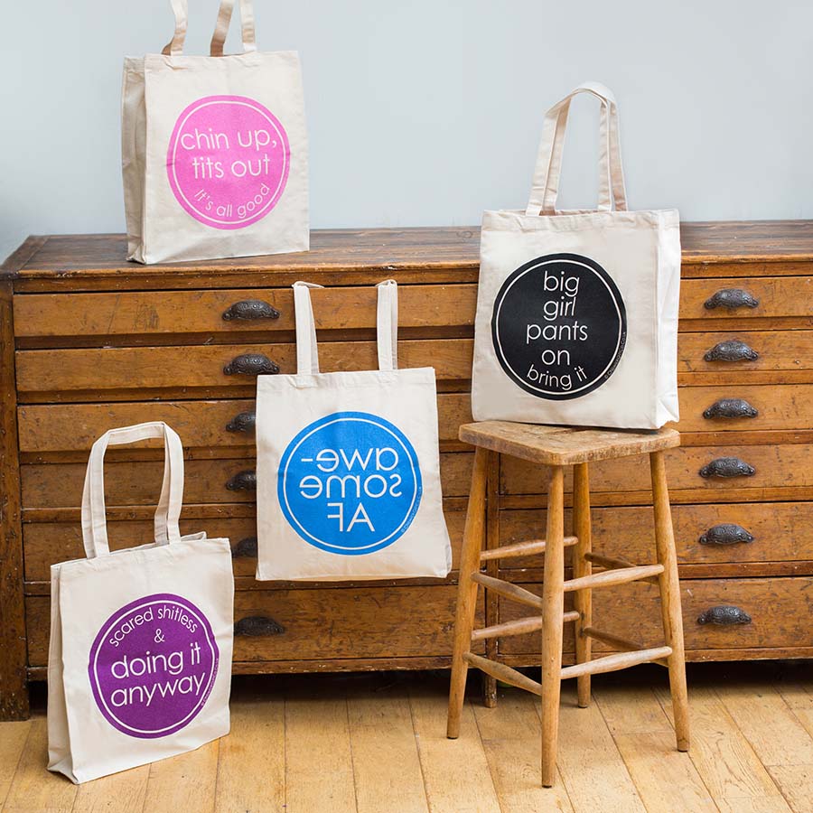 Set of Screen Printed Motivational Quote Tote Bags