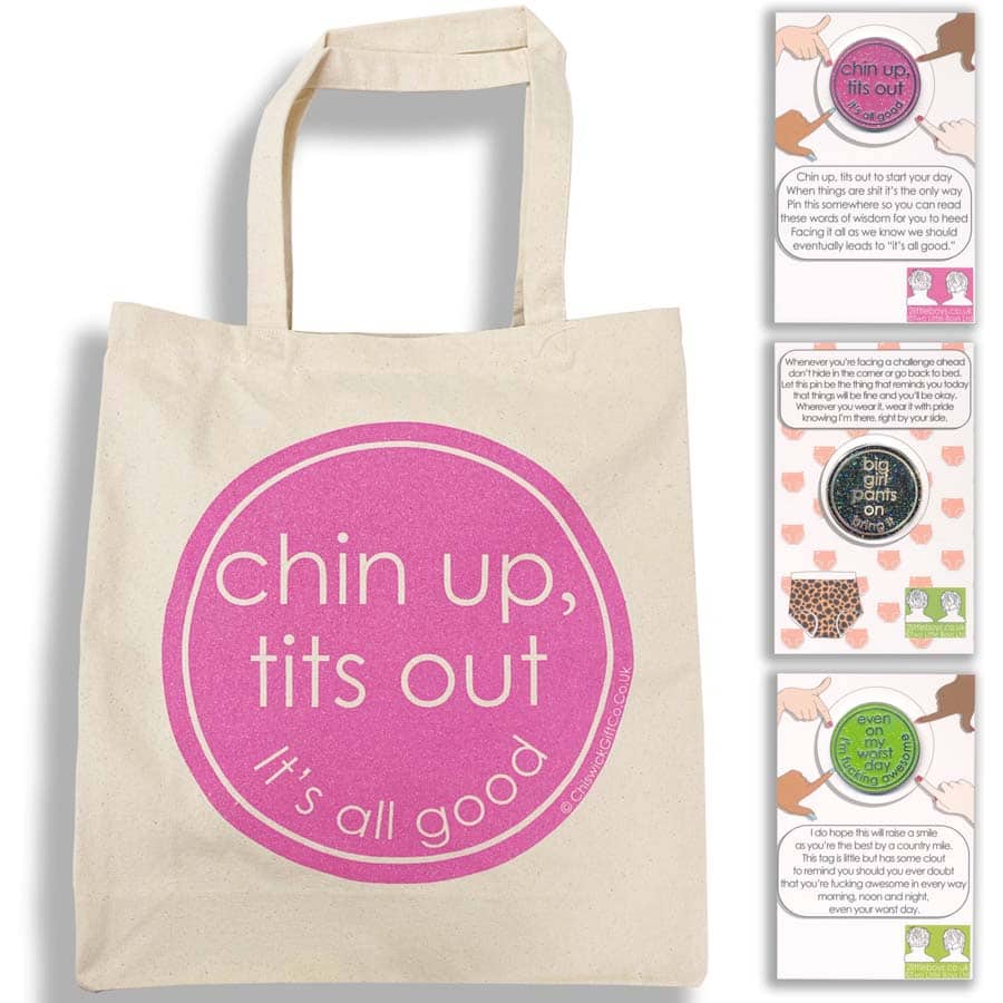 Chin Up Screen Printed Bag & Glitter Pin Set