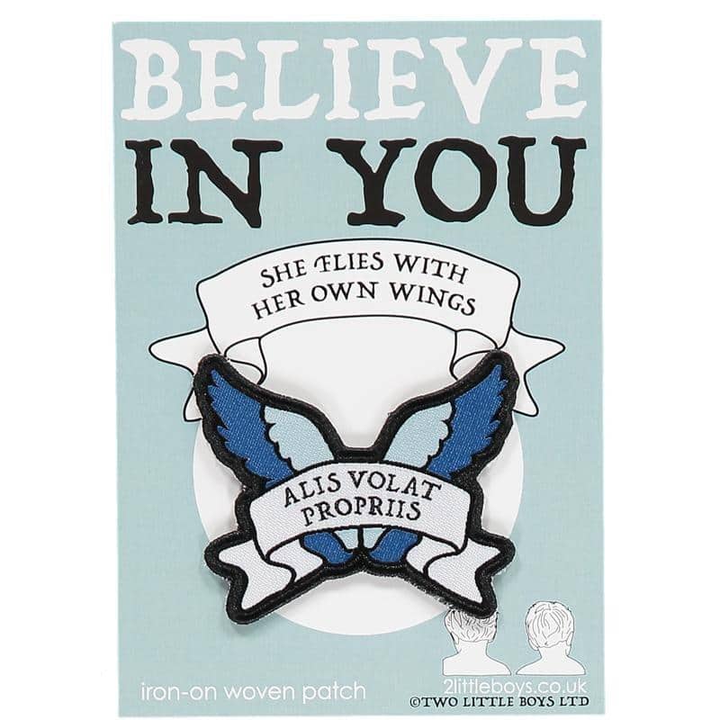 She Flies With Her Own Wings Latin Motto Iron-On Woven Patch