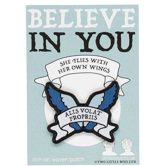 She Flies With Her Own Wings Latin Motto Iron-On Woven Patch